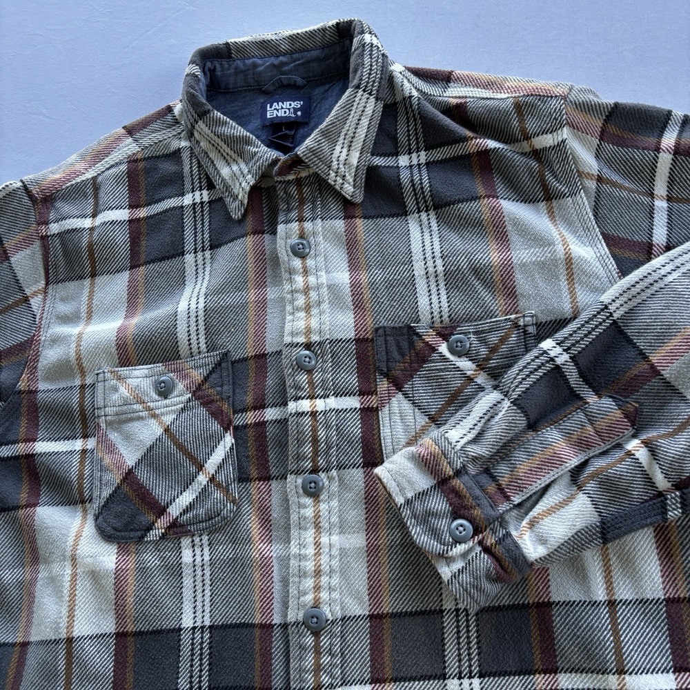 Lands' End Charcoal Plaid Flannel Shirt L Traditional Fit Long Sleeve Cotton